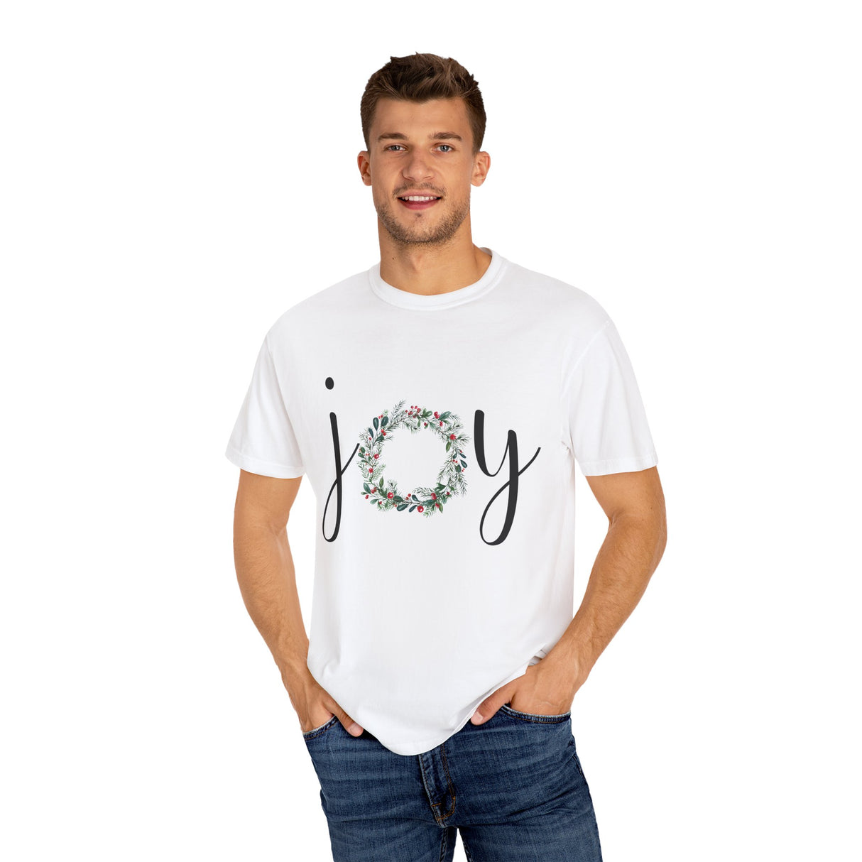 Joy Floral Wreath T-Shirt — Christmas Holiday Graphic Tee