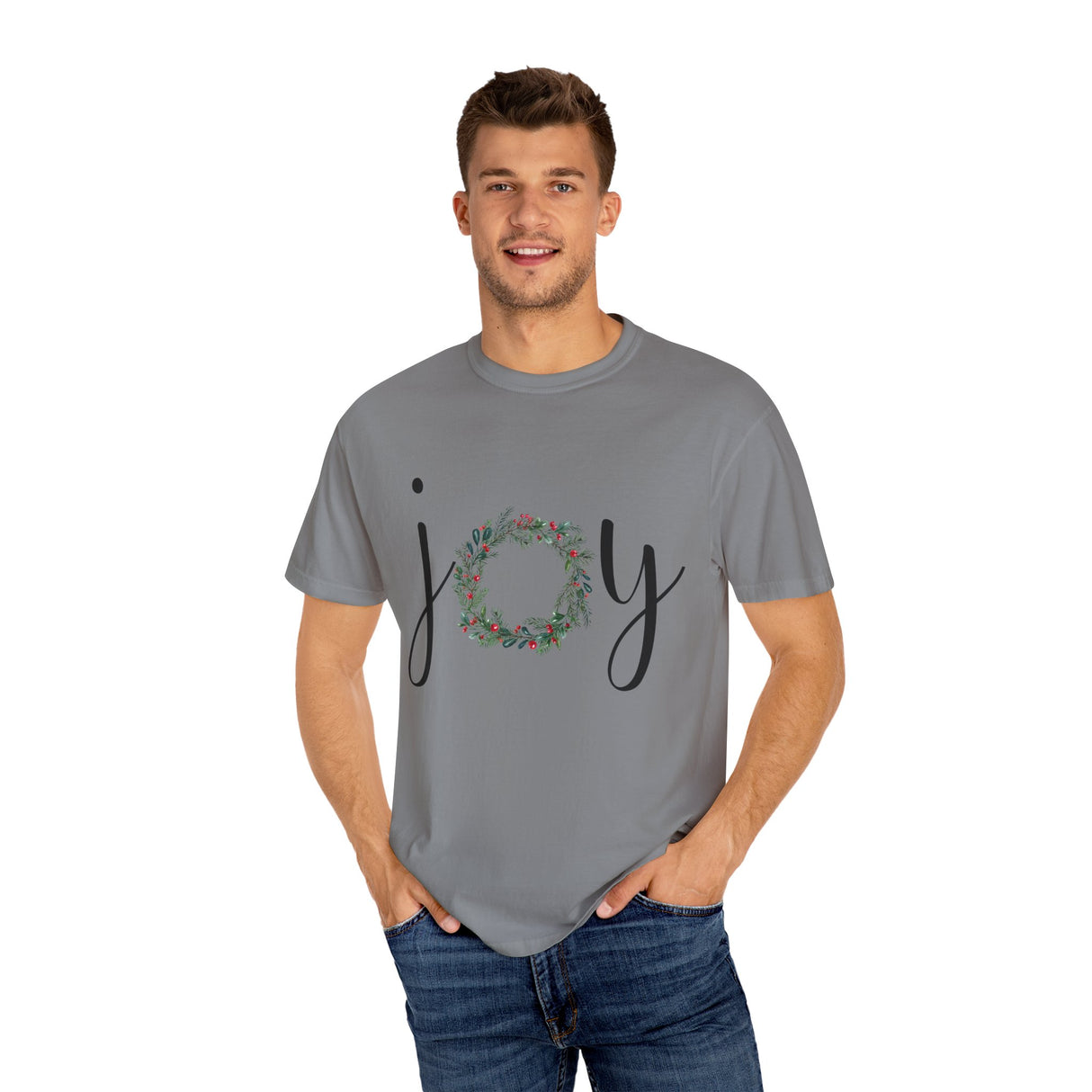 Joy Floral Wreath T-Shirt — Christmas Holiday Graphic Tee