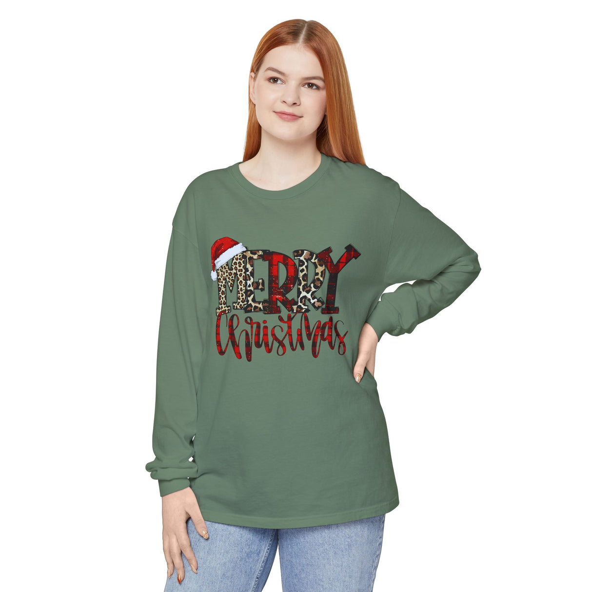 Merry Christmas leopard buffalo plaid Santa hat Long Sleeve T-Shirt