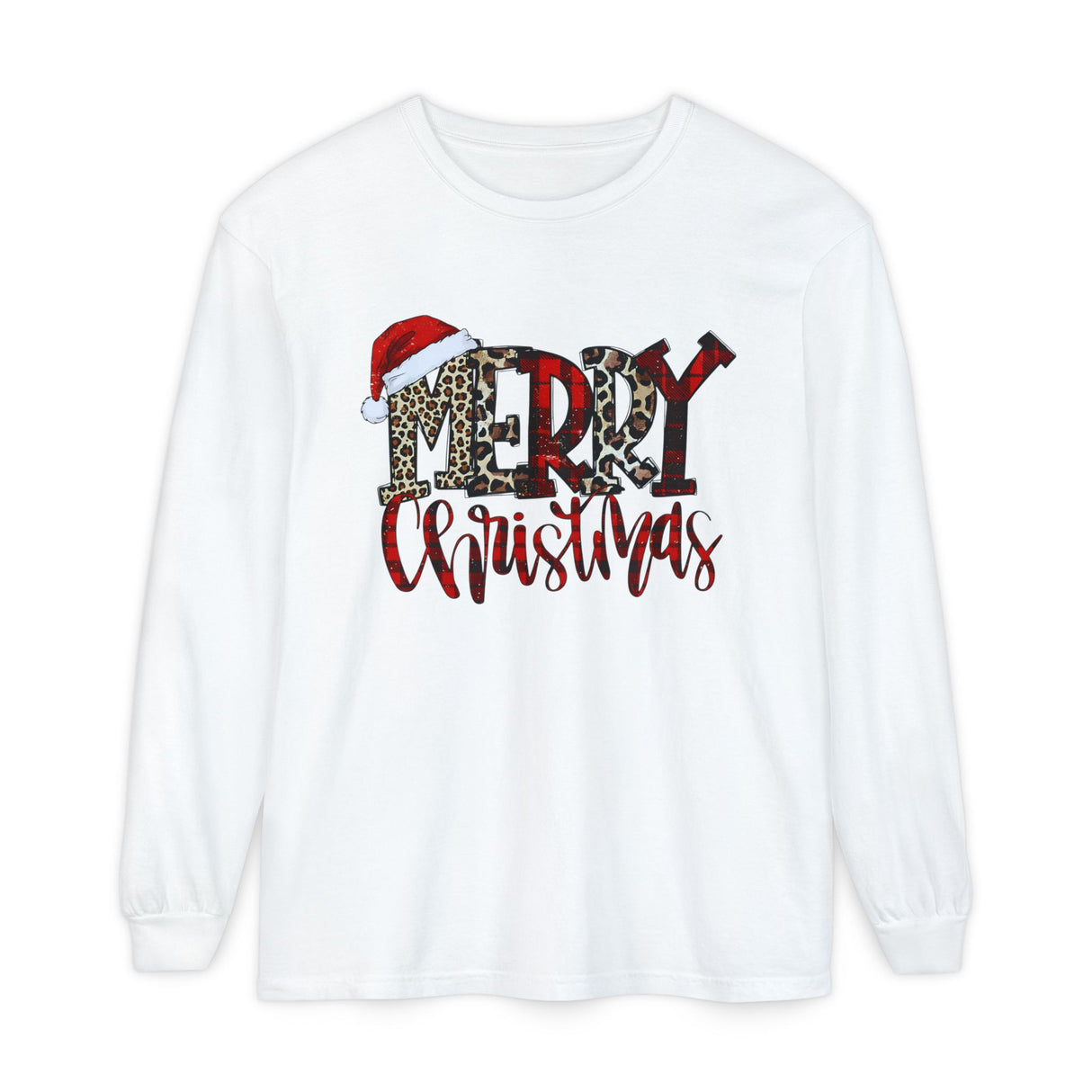 Merry Christmas leopard buffalo plaid Santa hat Long Sleeve T-Shirt