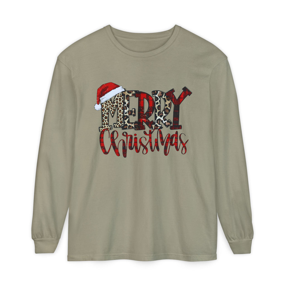 Merry Christmas leopard buffalo plaid Santa hat Long Sleeve T-Shirt