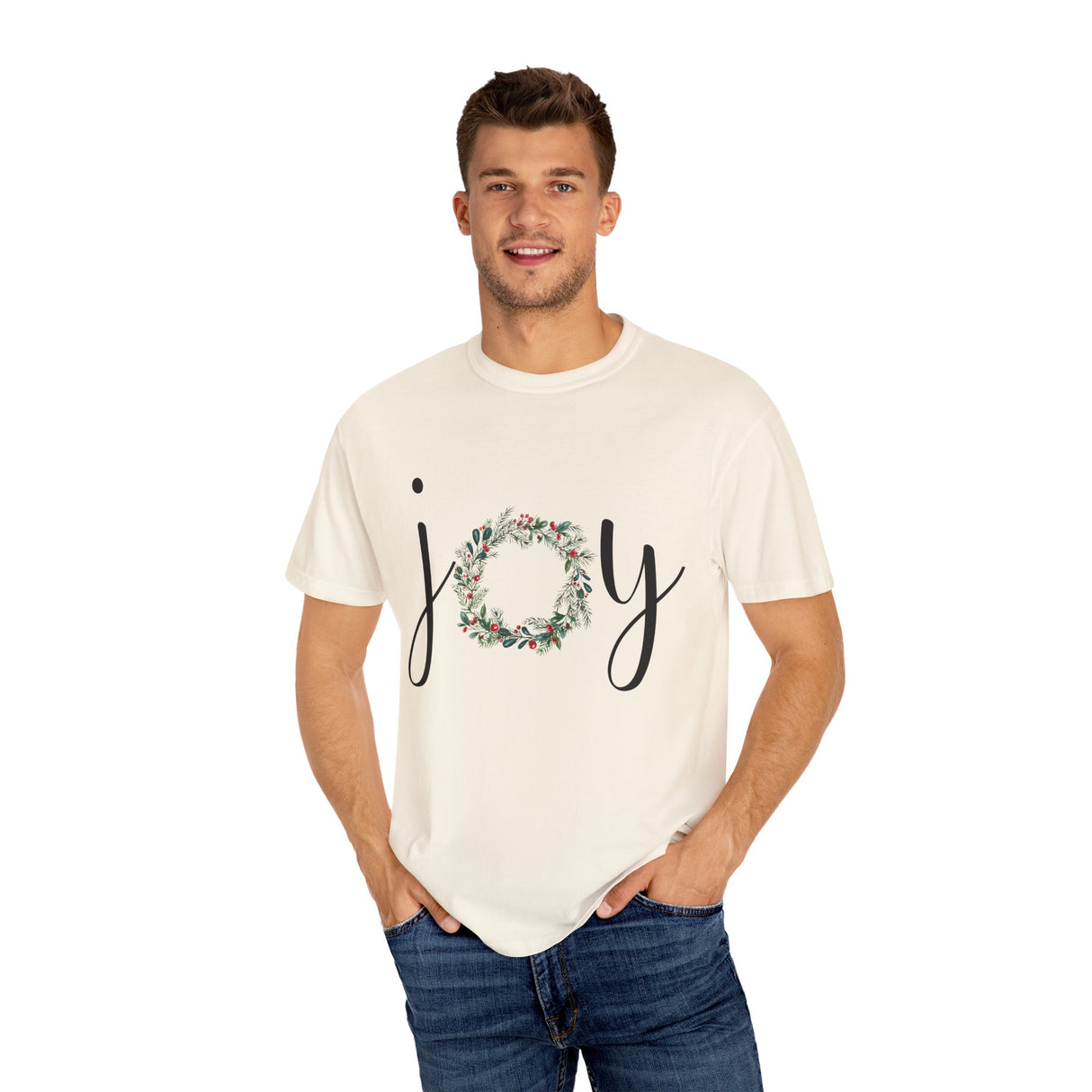 Joy Floral Wreath T-Shirt — Christmas Holiday Graphic Tee