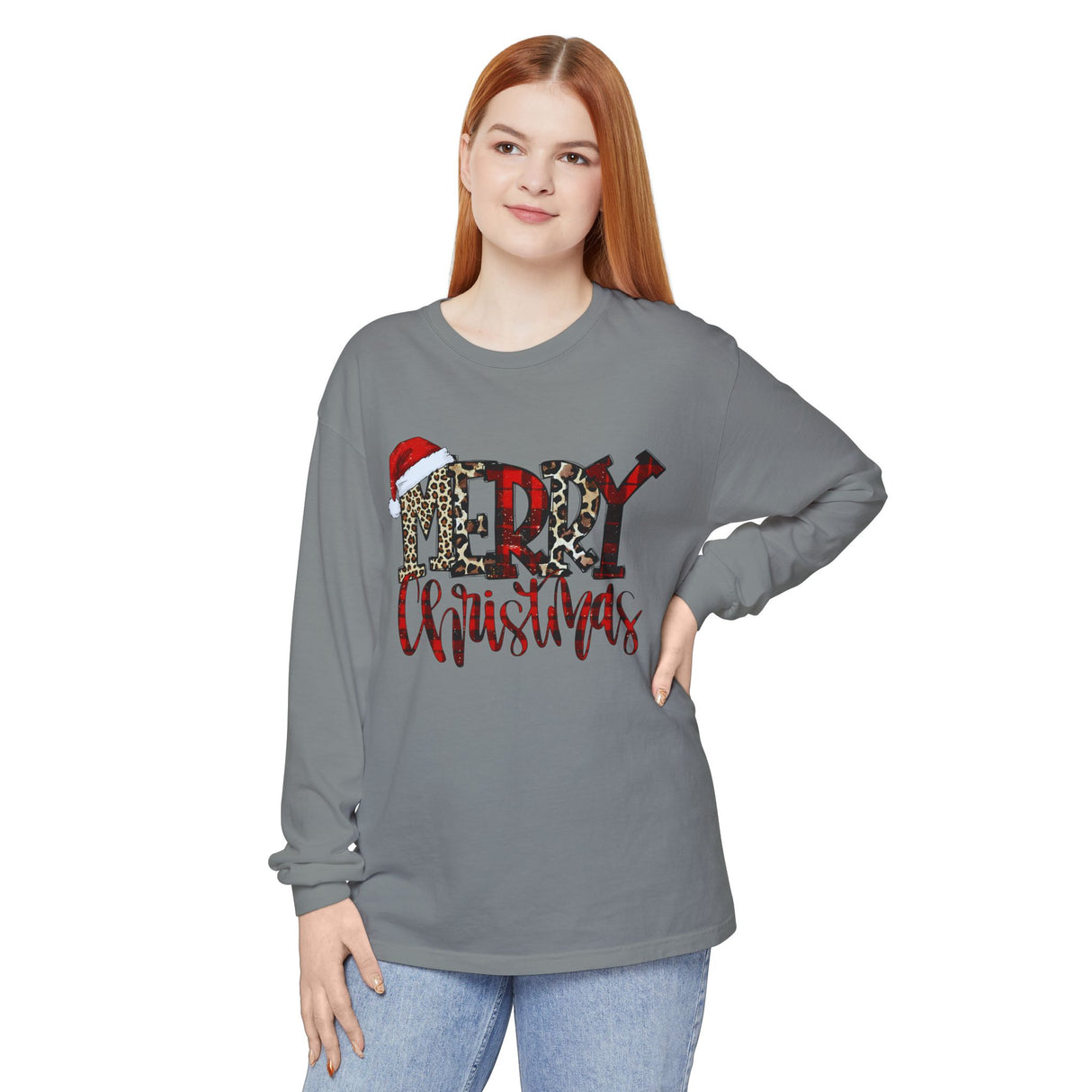 Merry Christmas leopard buffalo plaid Santa hat Long Sleeve T-Shirt