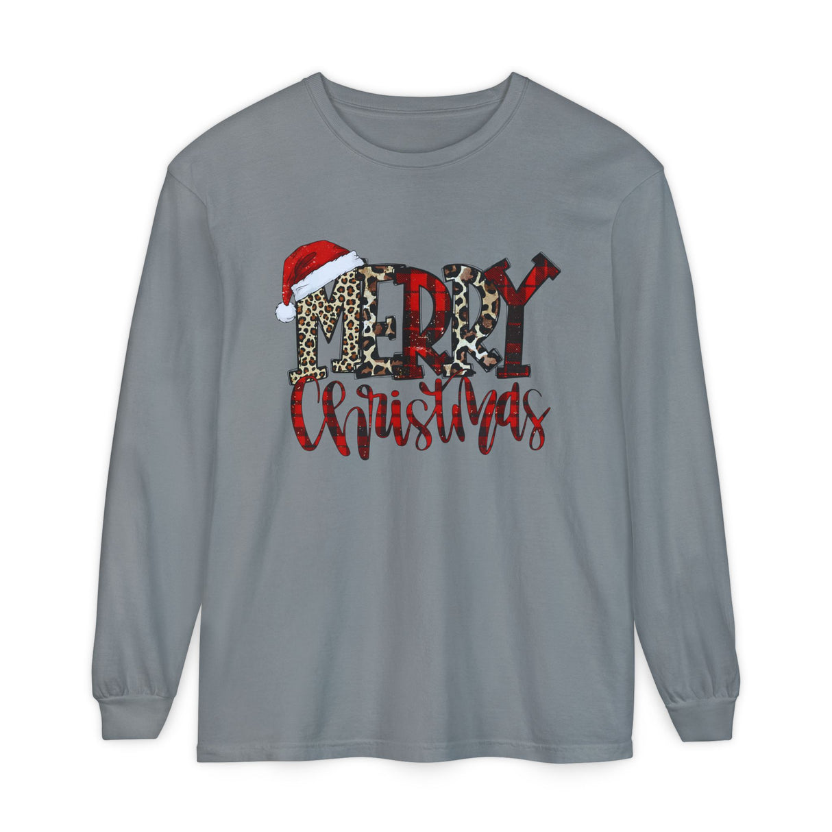 Merry Christmas leopard buffalo plaid Santa hat Long Sleeve T-Shirt