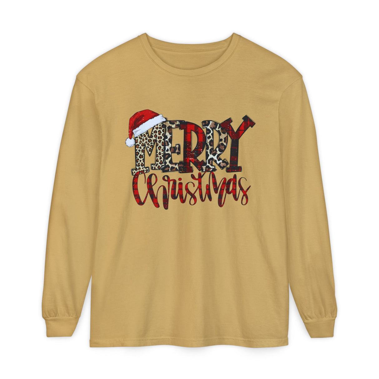 Merry Christmas leopard buffalo plaid Santa hat Long Sleeve T-Shirt