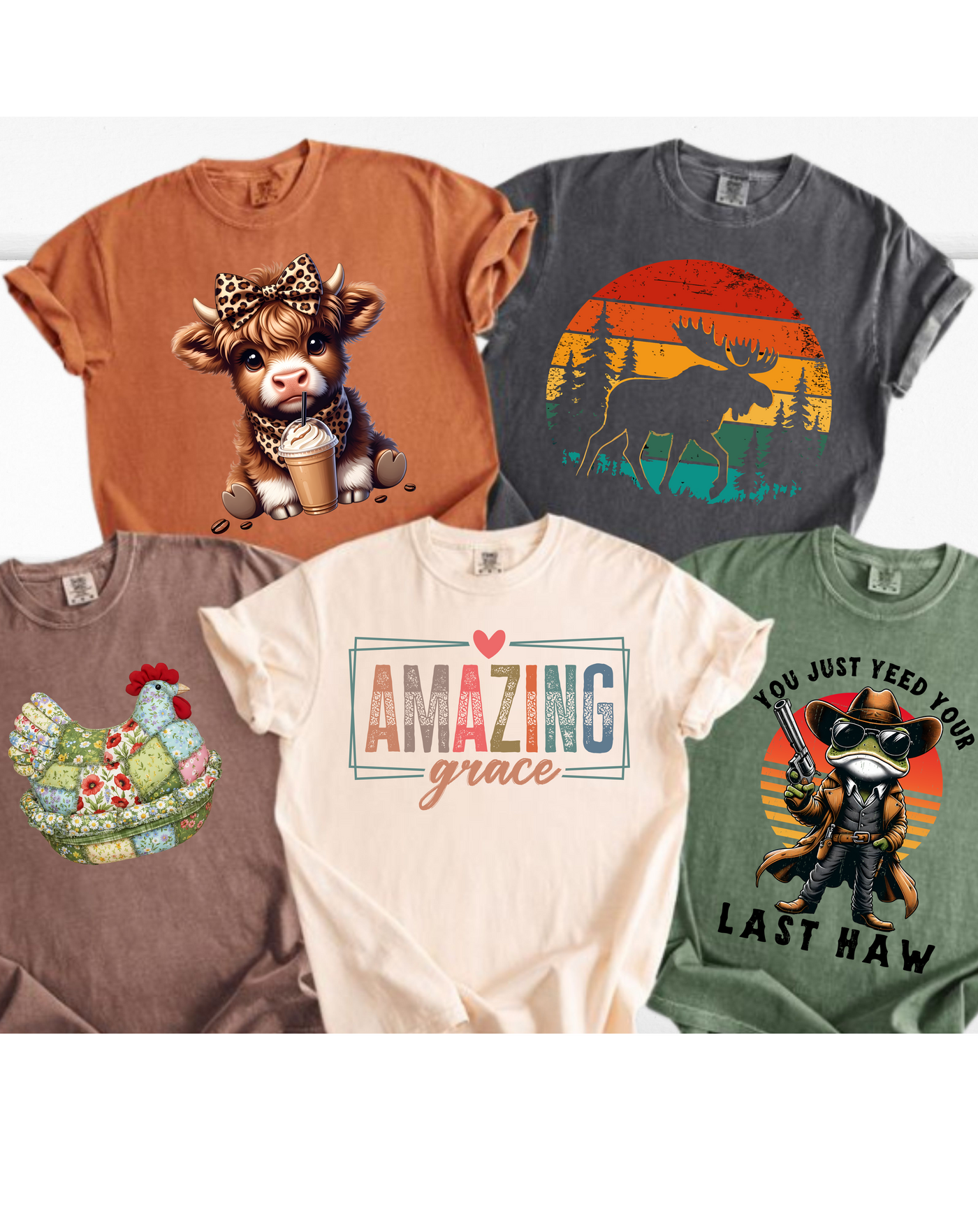 Collection of five colorful t-shirts with various designs on a white background