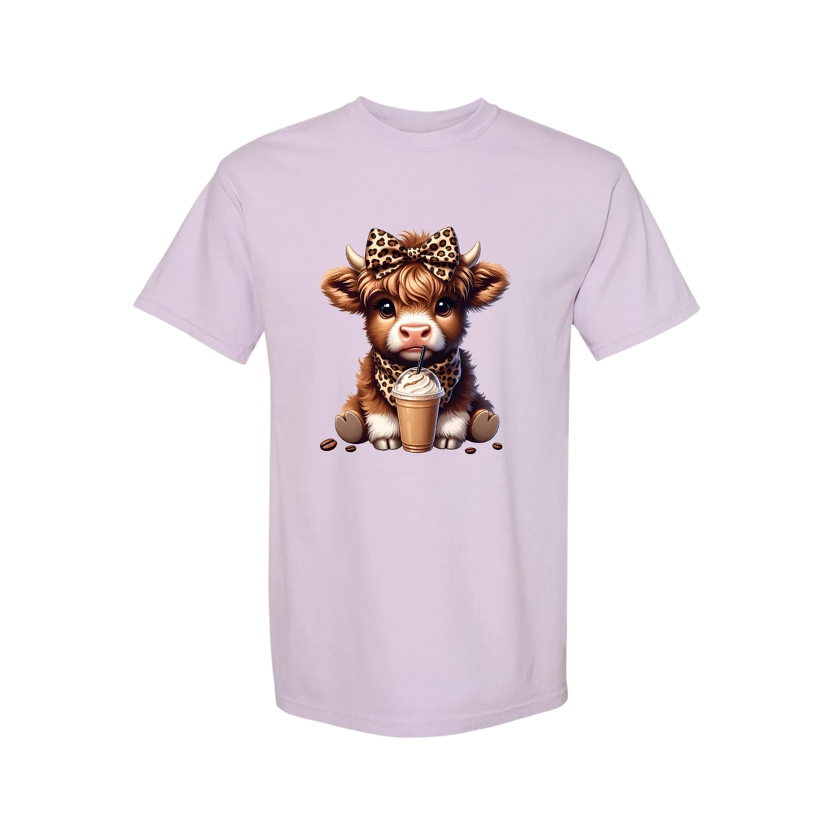 Dixie Magnolia Market light purple graphic tee with a cute Highland cow wearing a leopard print bow and bandana, holding an iced coffee.