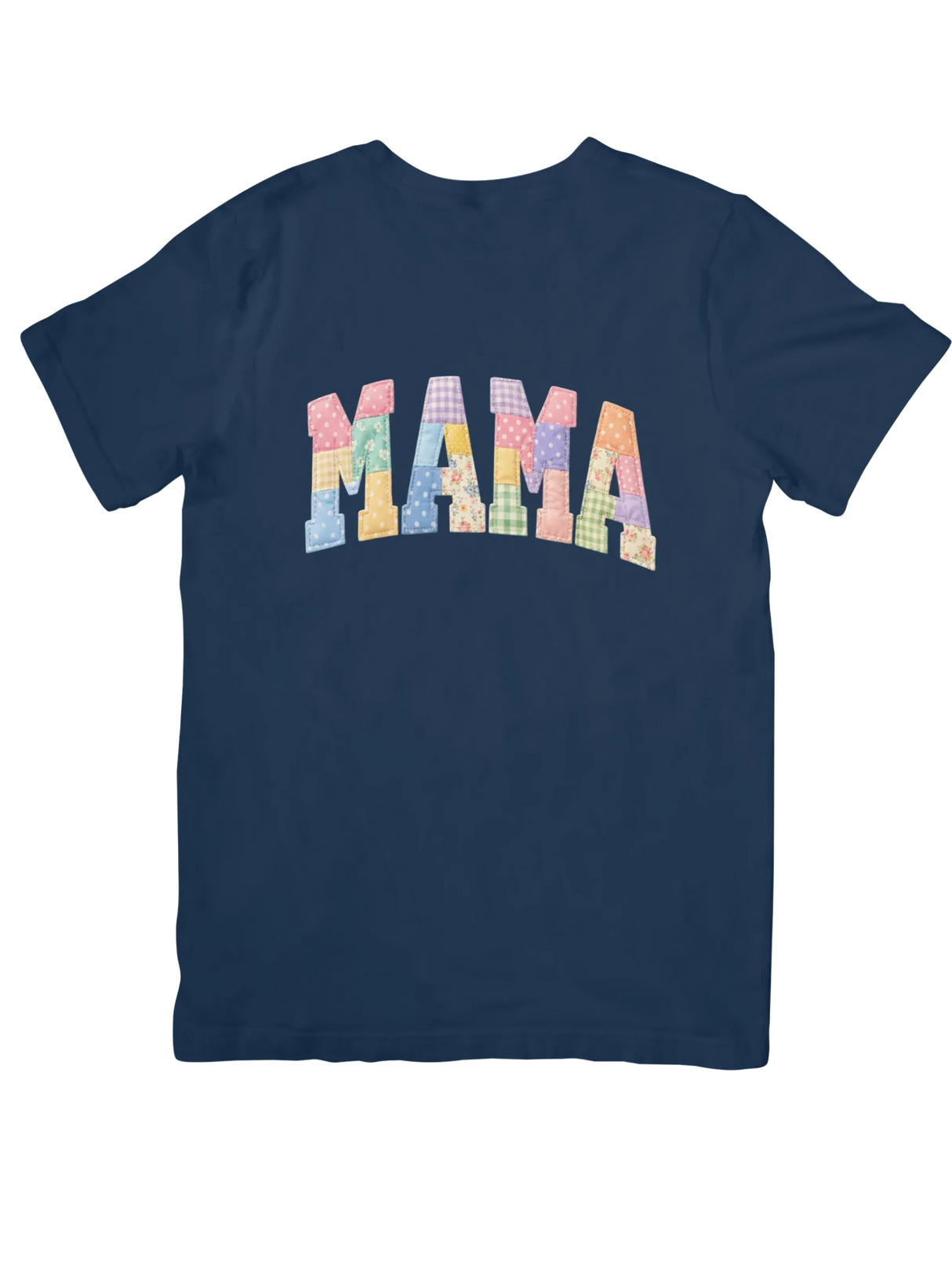 Dixie Magnolia Market navy blue t-shirt with a pastel quilted patchwork "MAMA" graphic.