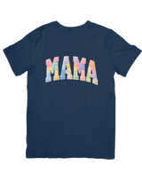 Dixie Magnolia Market navy blue t-shirt with a pastel quilted patchwork "MAMA" graphic.