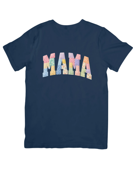 Dixie Magnolia Market navy blue t-shirt with a pastel quilted patchwork "MAMA" graphic.